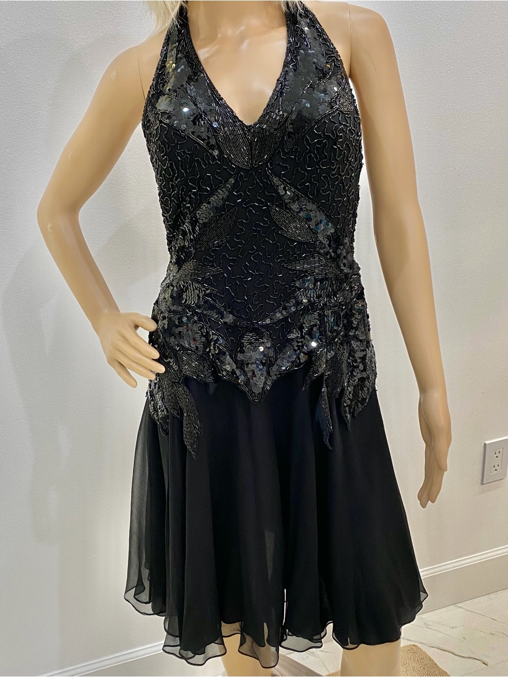 Black Sequined Halter, Open-Back, 100%Silk Cocktail Party Dress, Size 8